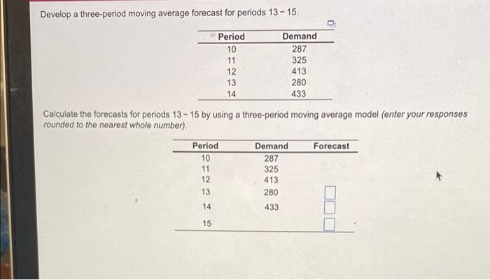 Develop a three-period moving average forecast