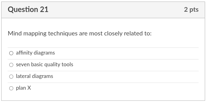 Question 21 2 pts Mind mapping techniques are