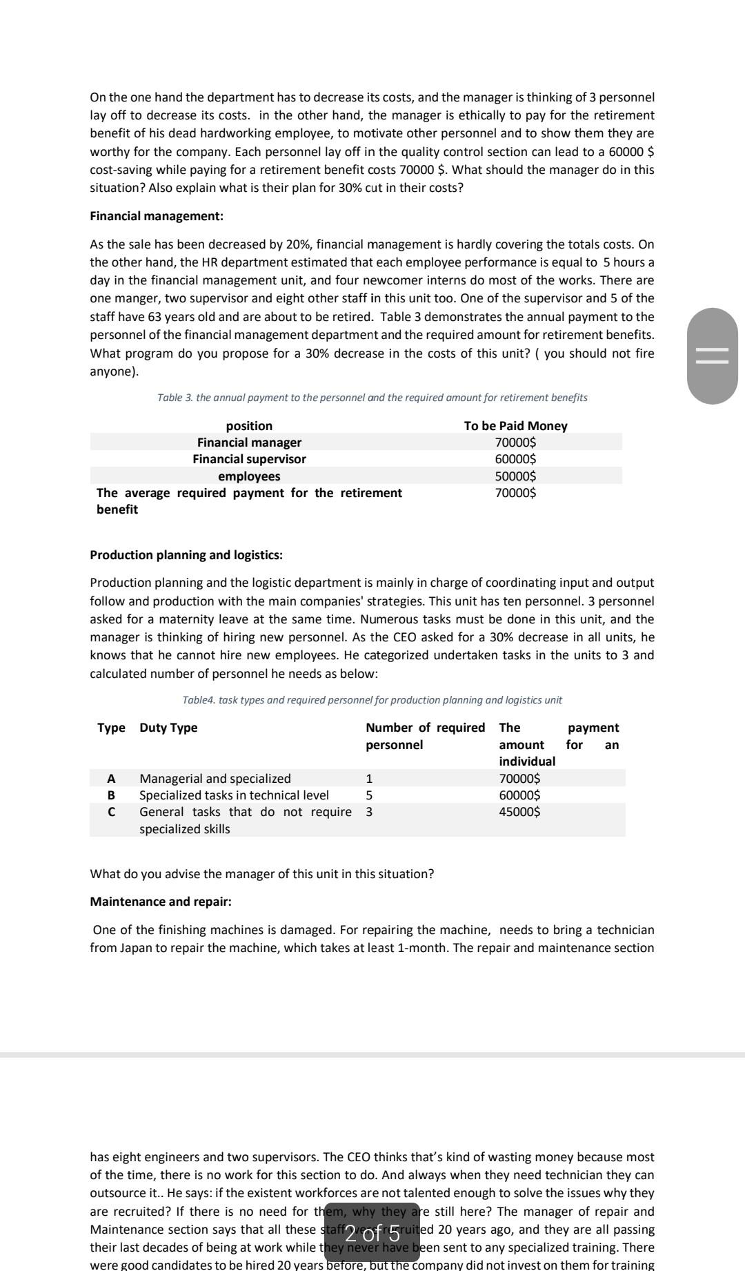 needed in each year for each servic (See example