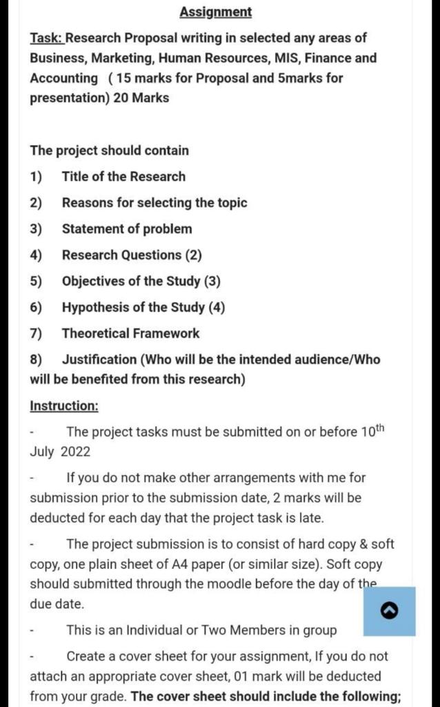 Assignment Task: Research Proposal writing in
