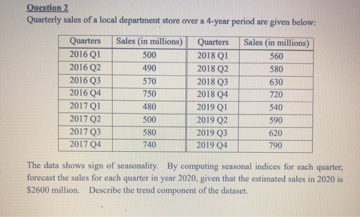 Question 2 Quarterly sales of a local department