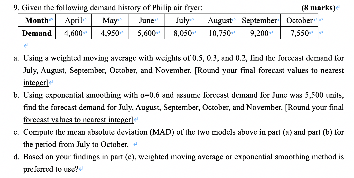 e 9. Given the following demand history of Philip