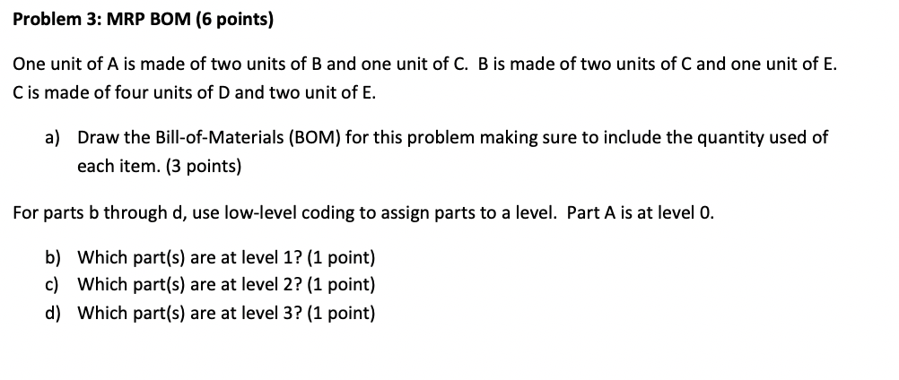 Problem 3: MRP BOM (6 points) One unit of A is