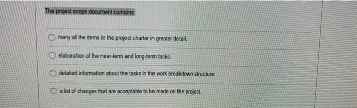 The project scope document contains many of the