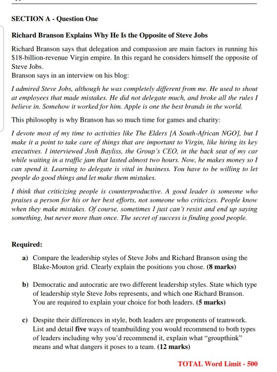 SECTION A - Question One Richard Branson Explains