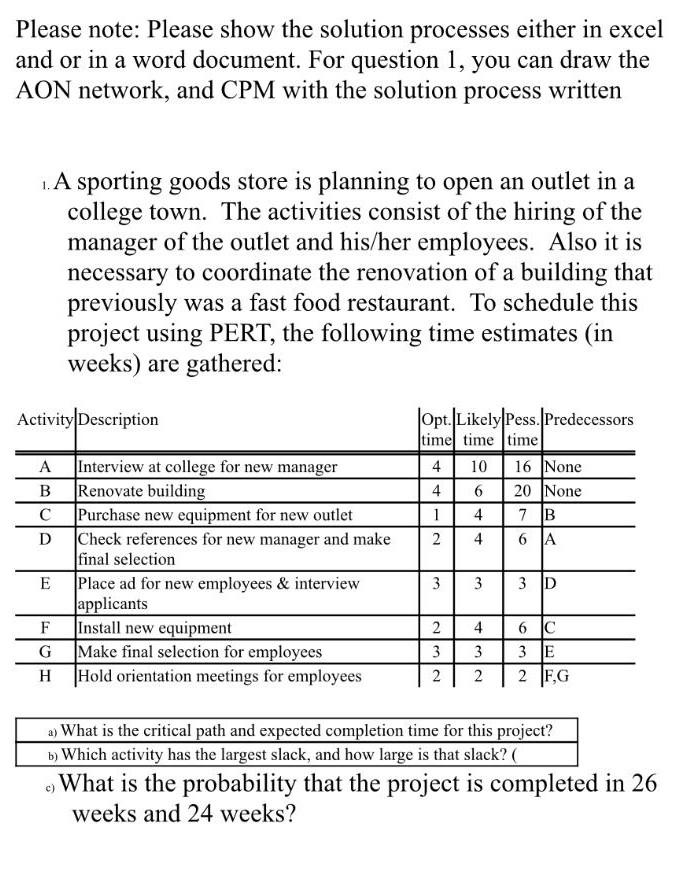 Show all Steps you can draw the AON Network and