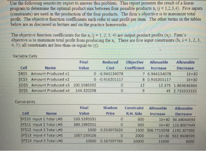 Use the following sensitivity report to answer