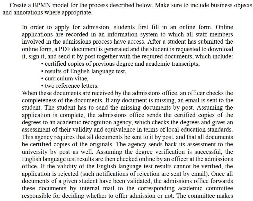 Create a BPMN model for the process described