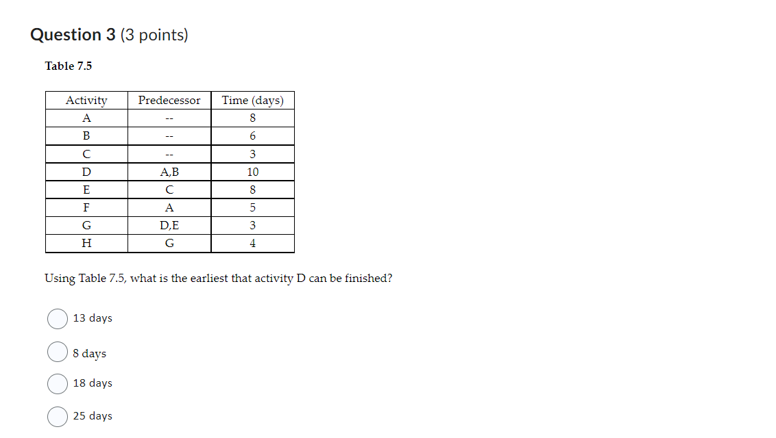 Question 3 (3 points) Table 7.5 Using Table 7.5,