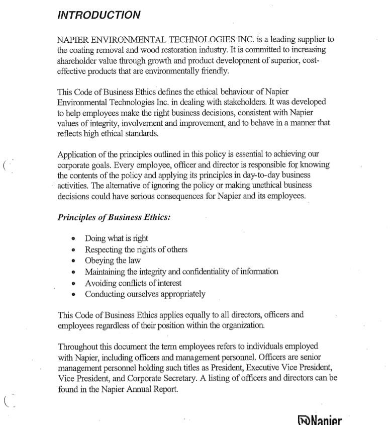 1. Carefully read the sample "Code of Ethics" for