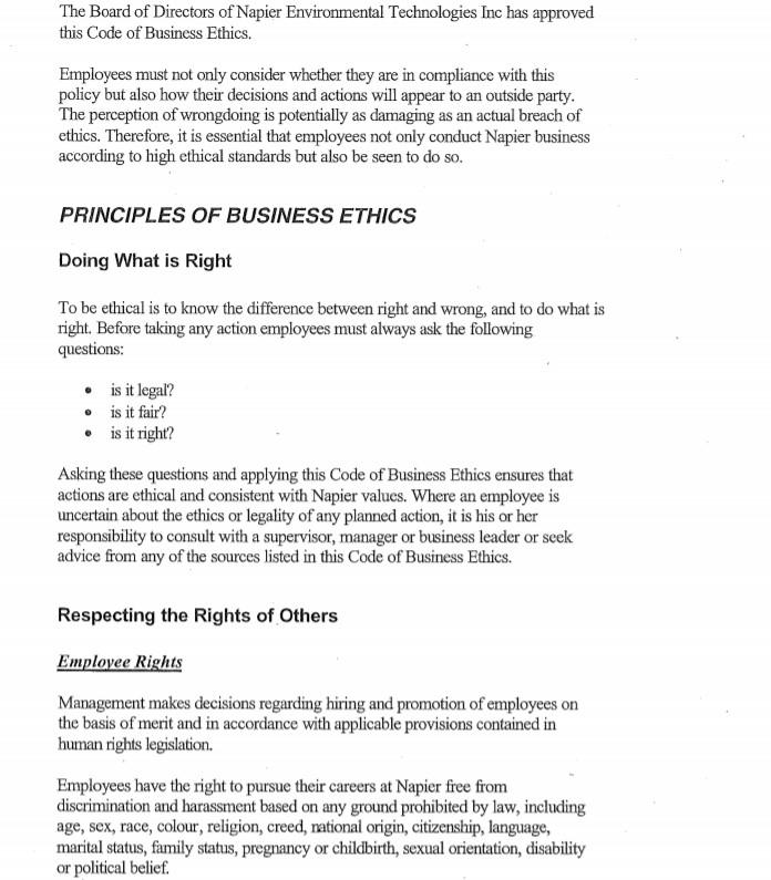 1. Carefully read the sample "Code of Ethics" for