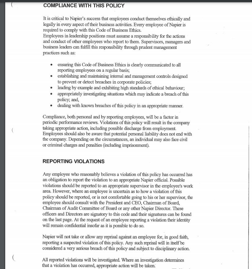 1. Carefully read the sample "Code of Ethics" for