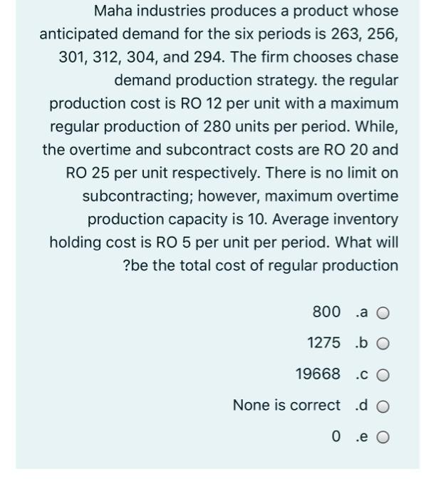 Maha industries produces a product whose