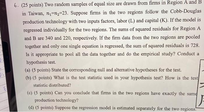 6. (25 points) Two random samples of equal size