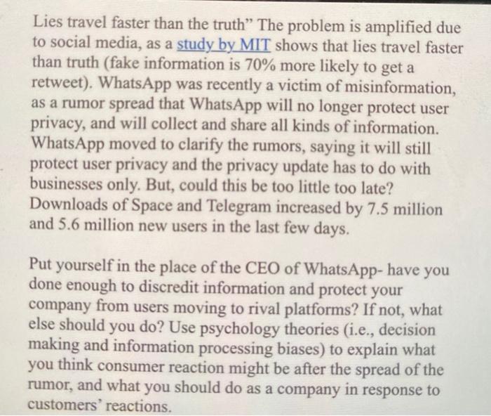 Lies travel faster than the truth The problem is