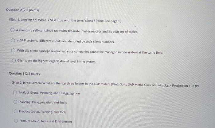 SAP Navigation Question 2 (2.5 points) (Step 1.