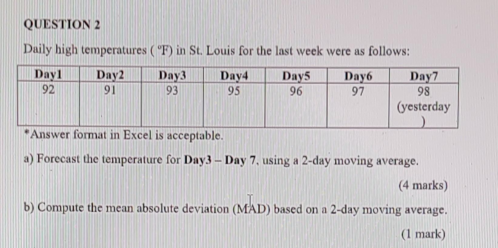 QUESTION 2 Daily high temperatures (F) in St.