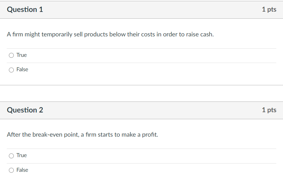 Question 1 1 pts Afirm might temporarily sell