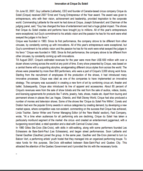 Innovation at Cirque Du Soleil On June 02, 2007,