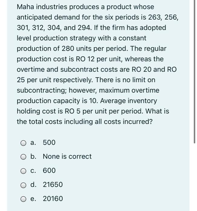 Maha industries produces a product whose