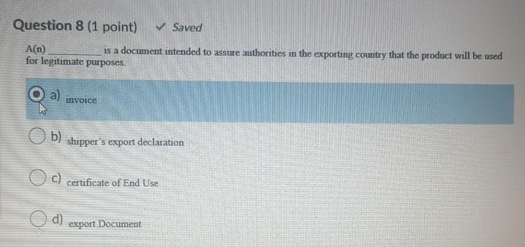 Question 8 (1 point) Saved A(n) is a document