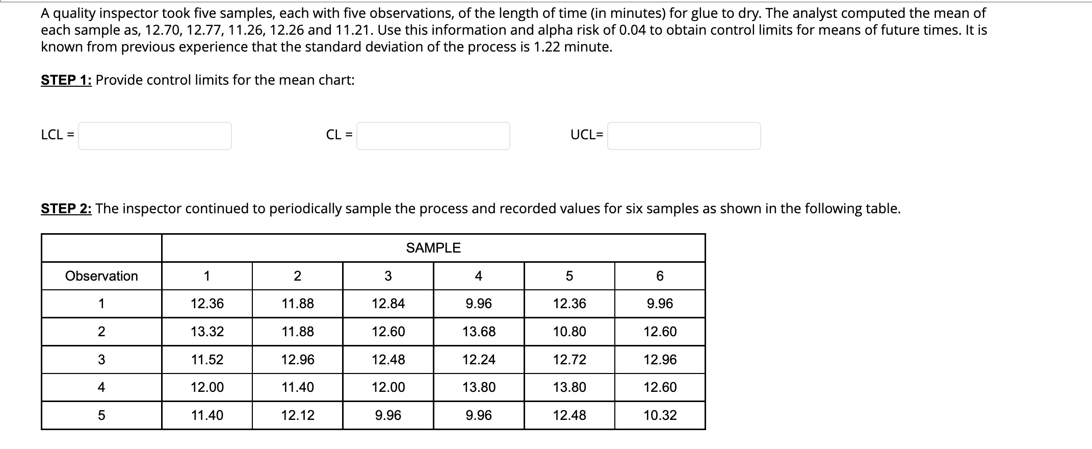 A quality inspector took five samples, each with