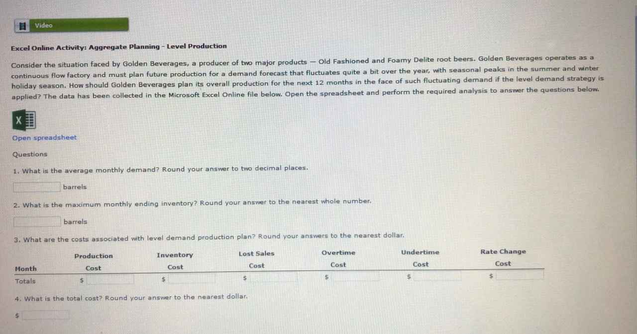 Video Excel Online Activity: Aggregate Planning -
