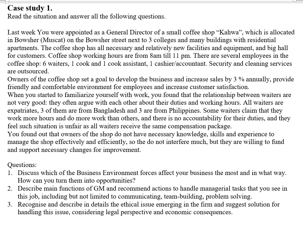 Case study 1. Read the situation and answer all