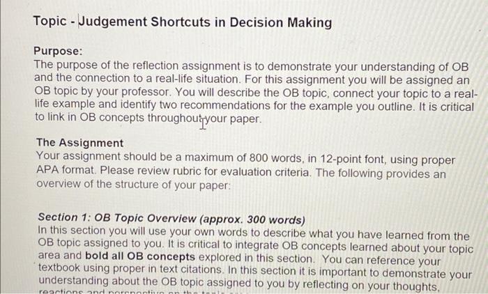 Reflection Assignment: 15% of Course Grade Topic