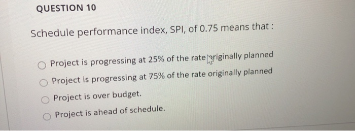 QUESTION 10 Schedule performance index, SPI, of