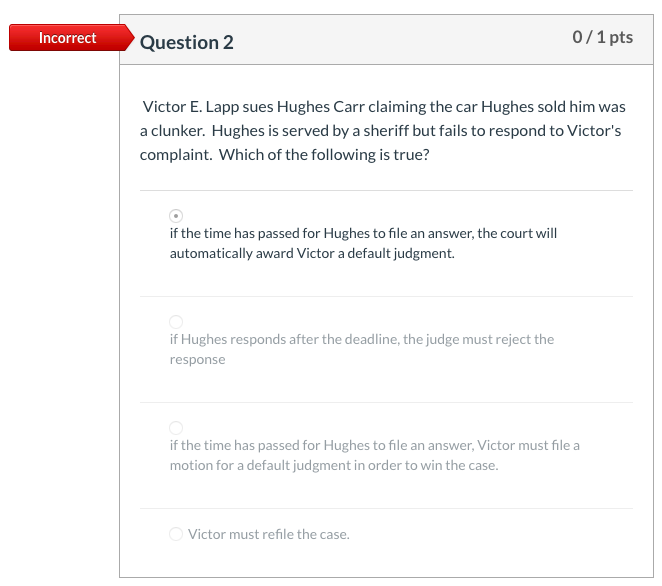 Incorrect Question 2 0/1 pts Victor E. Lapp sues
