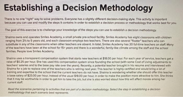 Establishing a Decision Methodology There is no