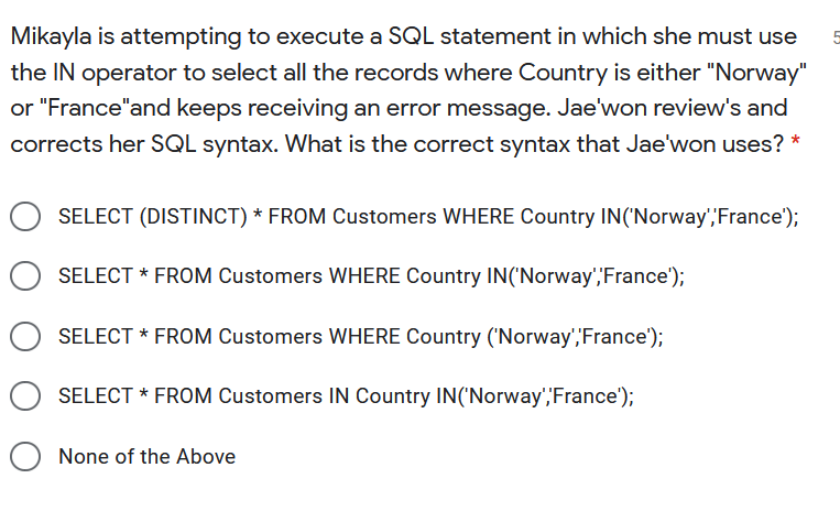 5 Mikayla is attempting to execute a SQL