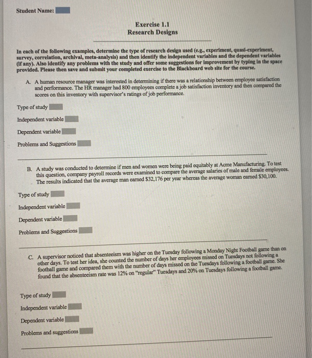 Student Name: Exercise 1.1 Research Designs In