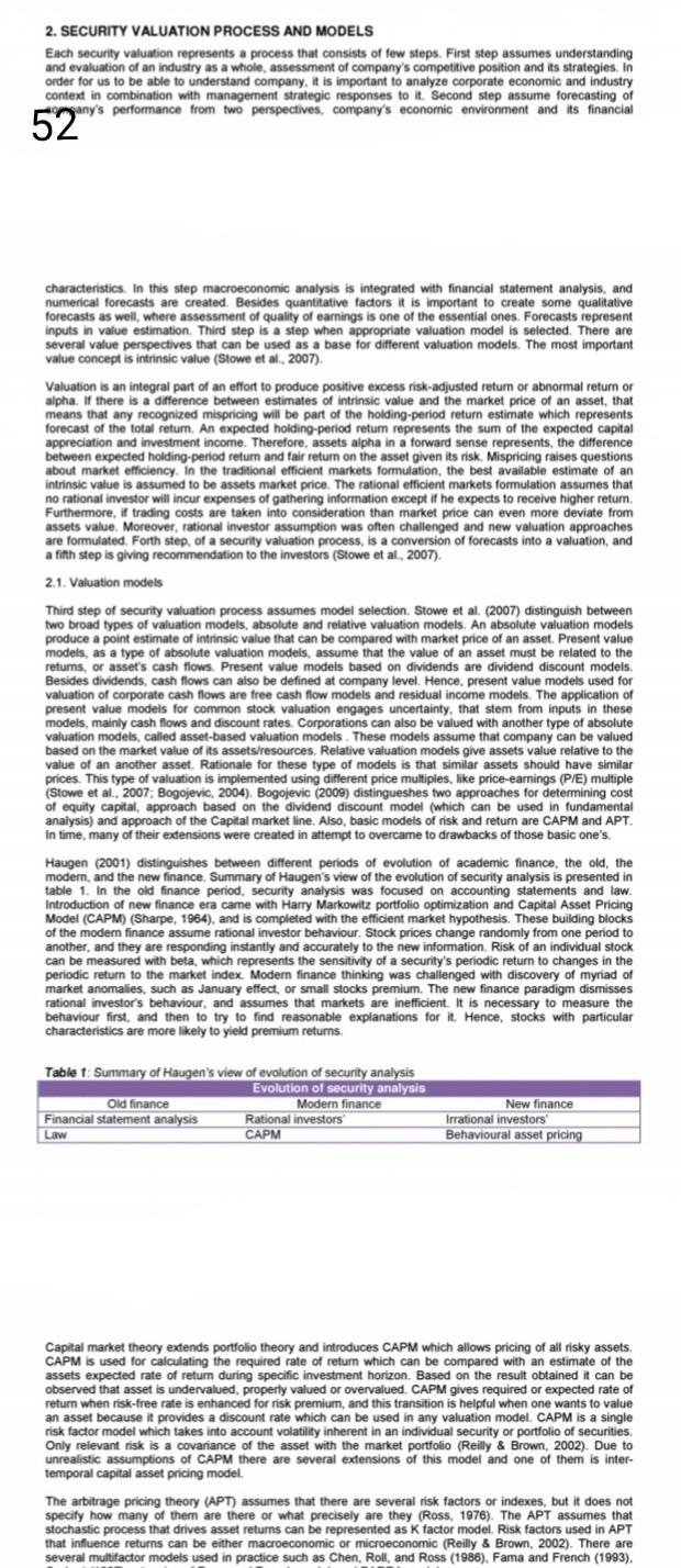 2. SECURITY VALUATION PROCESS AND MODELS Each