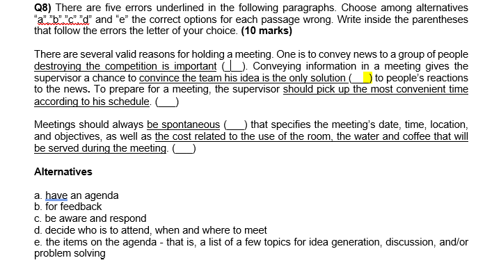 Q8) There are five errors underlined in the