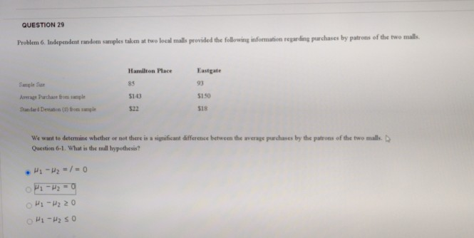 QUESTION 29 Problem 6. Independent random samples