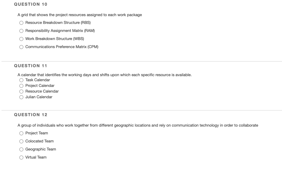 QUESTION 10 A grid that shows the project