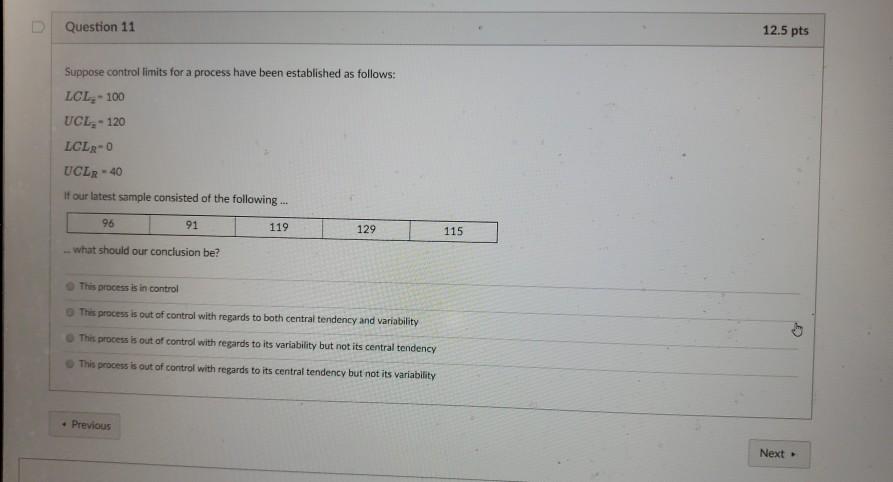 Question 11 12.5 pts Suppose control limits for a