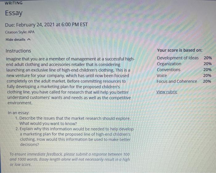 WRITING Essay Due: February 24, 2021 at 6:00 PM