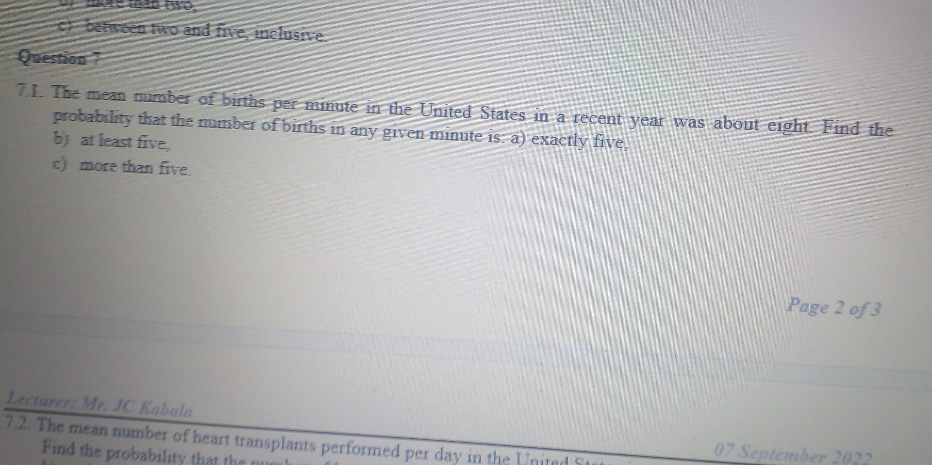 7.1. The mean number of births per minute in the