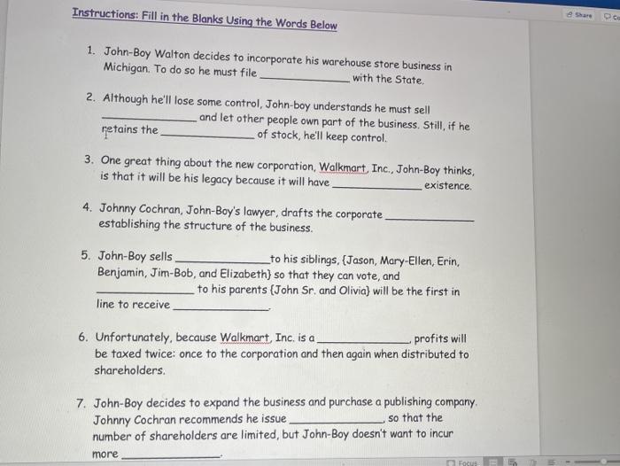 Instructions: Fill in the Blanks Using the Words