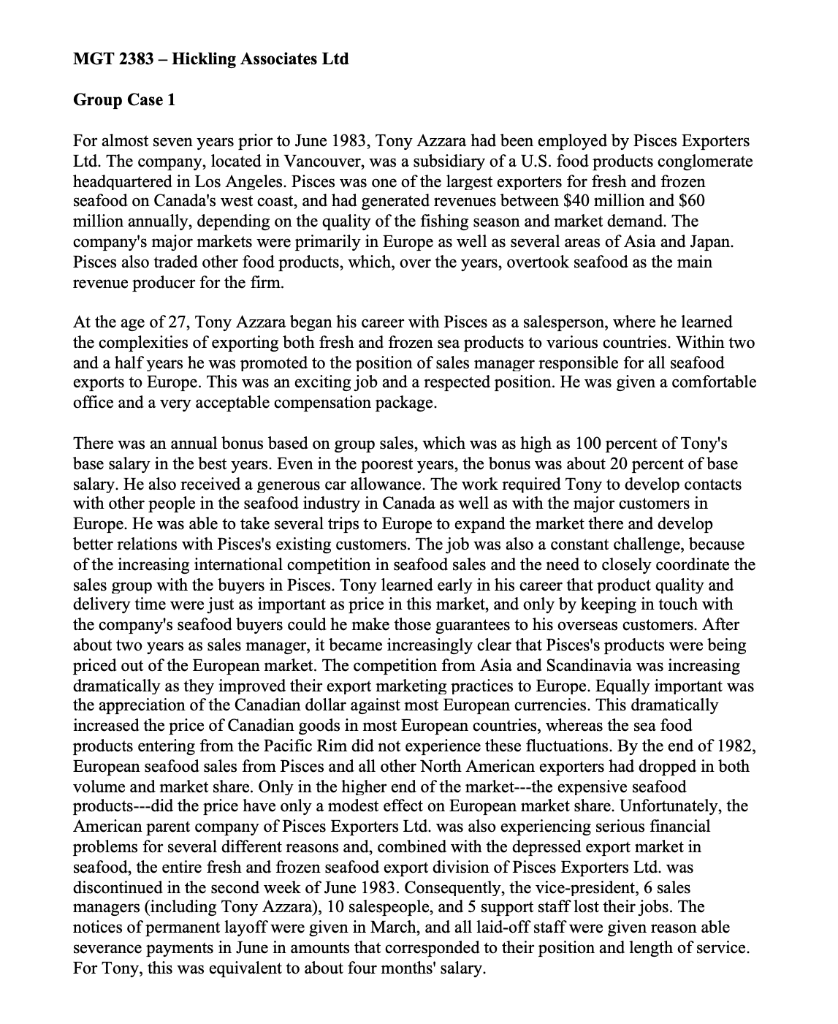 MGT 2383 - Hickling Associates Ltd Group Case 1