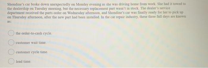 Shondine's car broke down unexpectedly on Monday