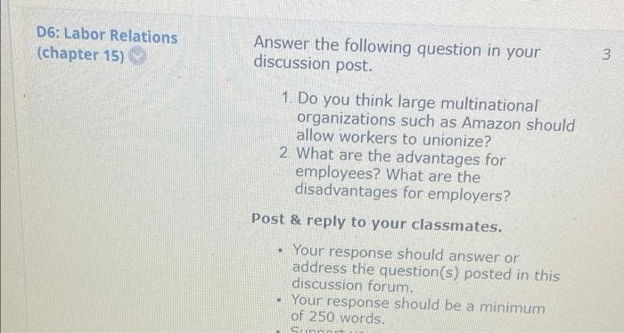 D6: Labor Relations (chapter 15) Answer the