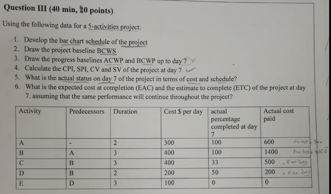 Question III (40 min, 20 points) Using the
