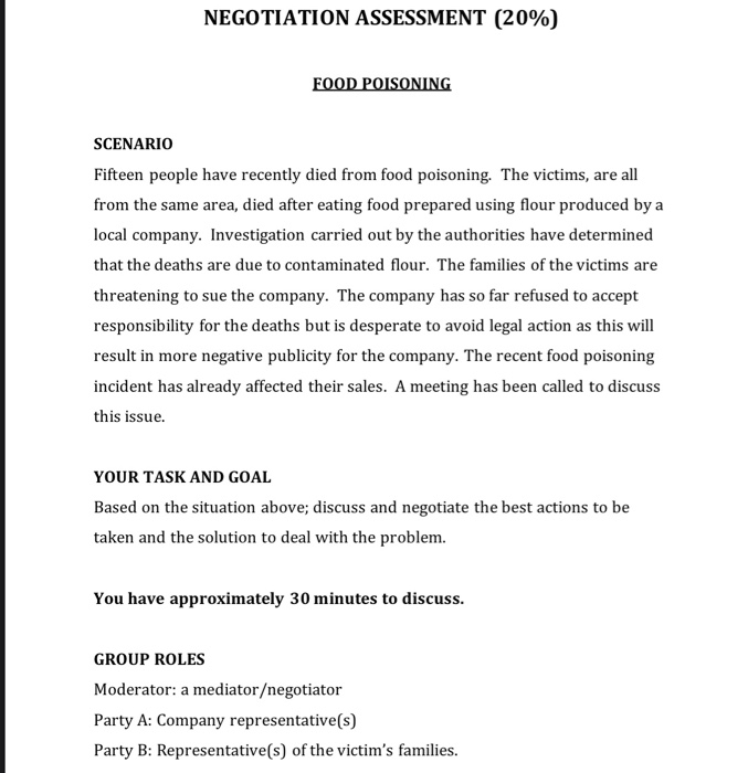 URGENT NEGOTIATION ASSESSMENT (20%) FOOD