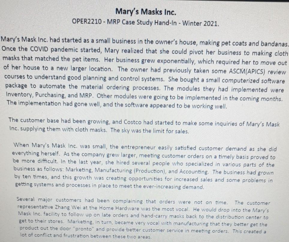 Mary's Masks Inc. OPER2210 - MRP Case Study