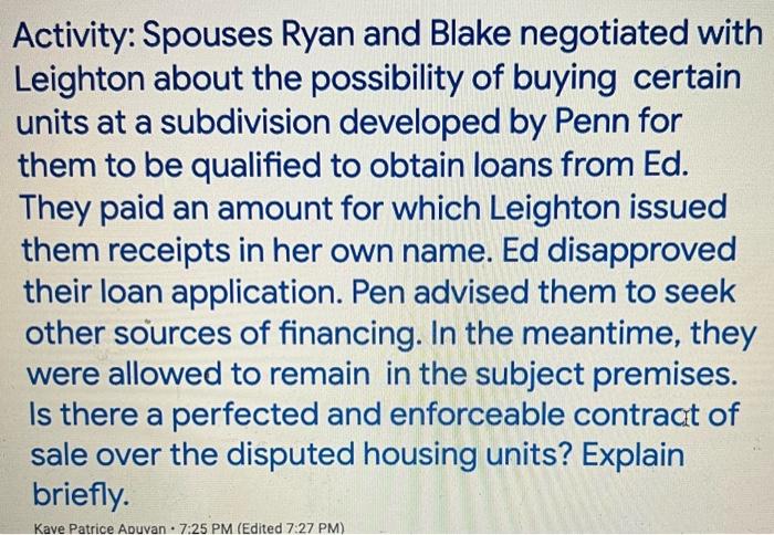 Activity: Spouses Ryan and Blake negotiated with