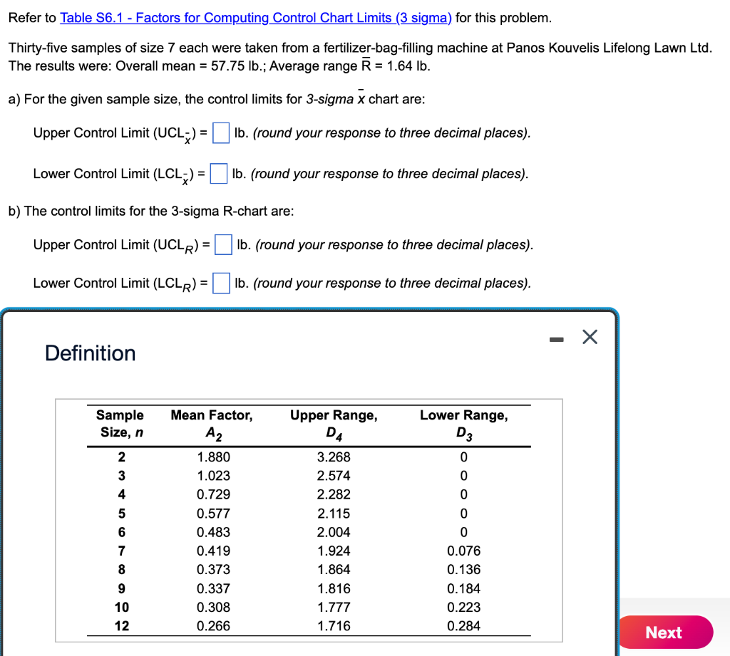 Refer to Table S6.1 - Factors for Computing